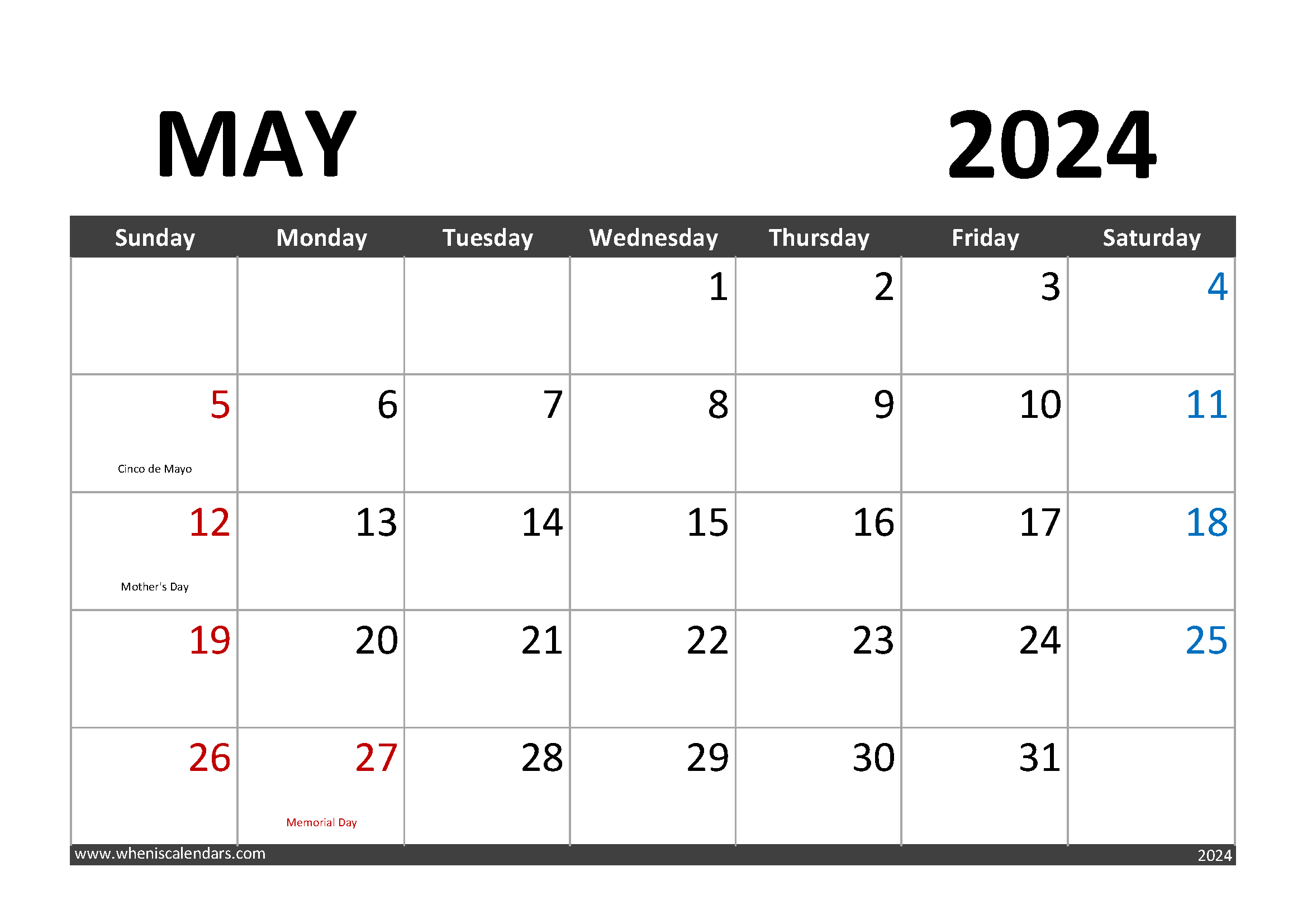 Printable May 2024 Calendar With Holidays M5001