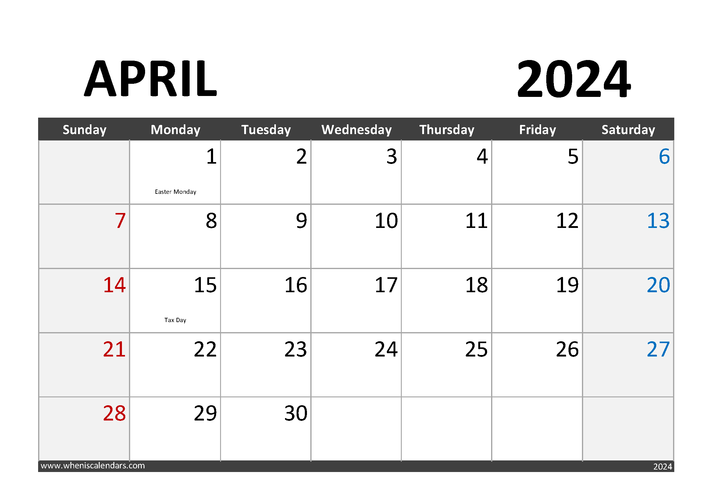 April 2024 Calendar With Holidays A4004