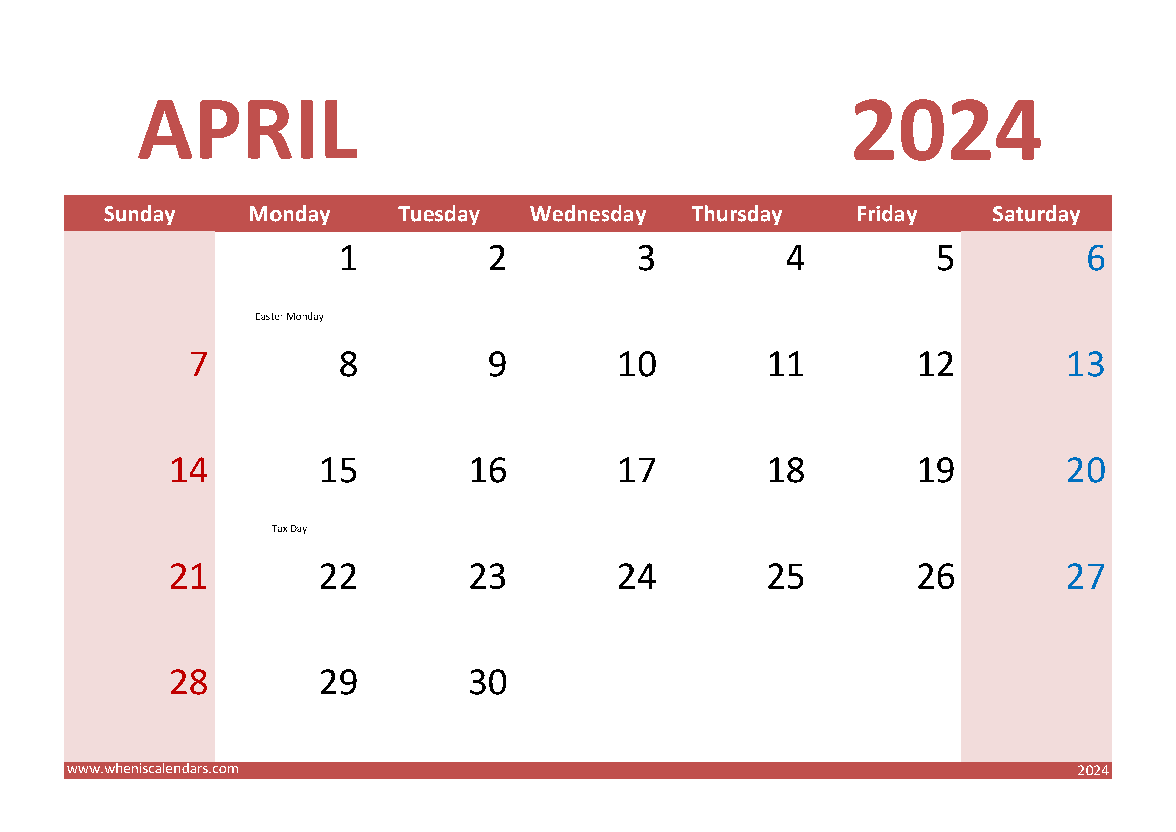 Free Printable Calendar April 2024 A4015