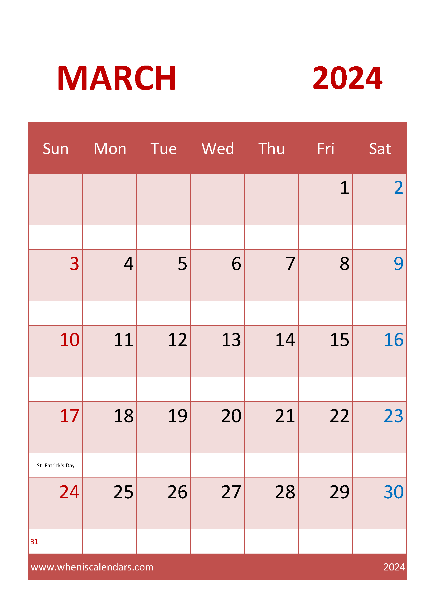 Calendar March 2024 Free Printable M3042