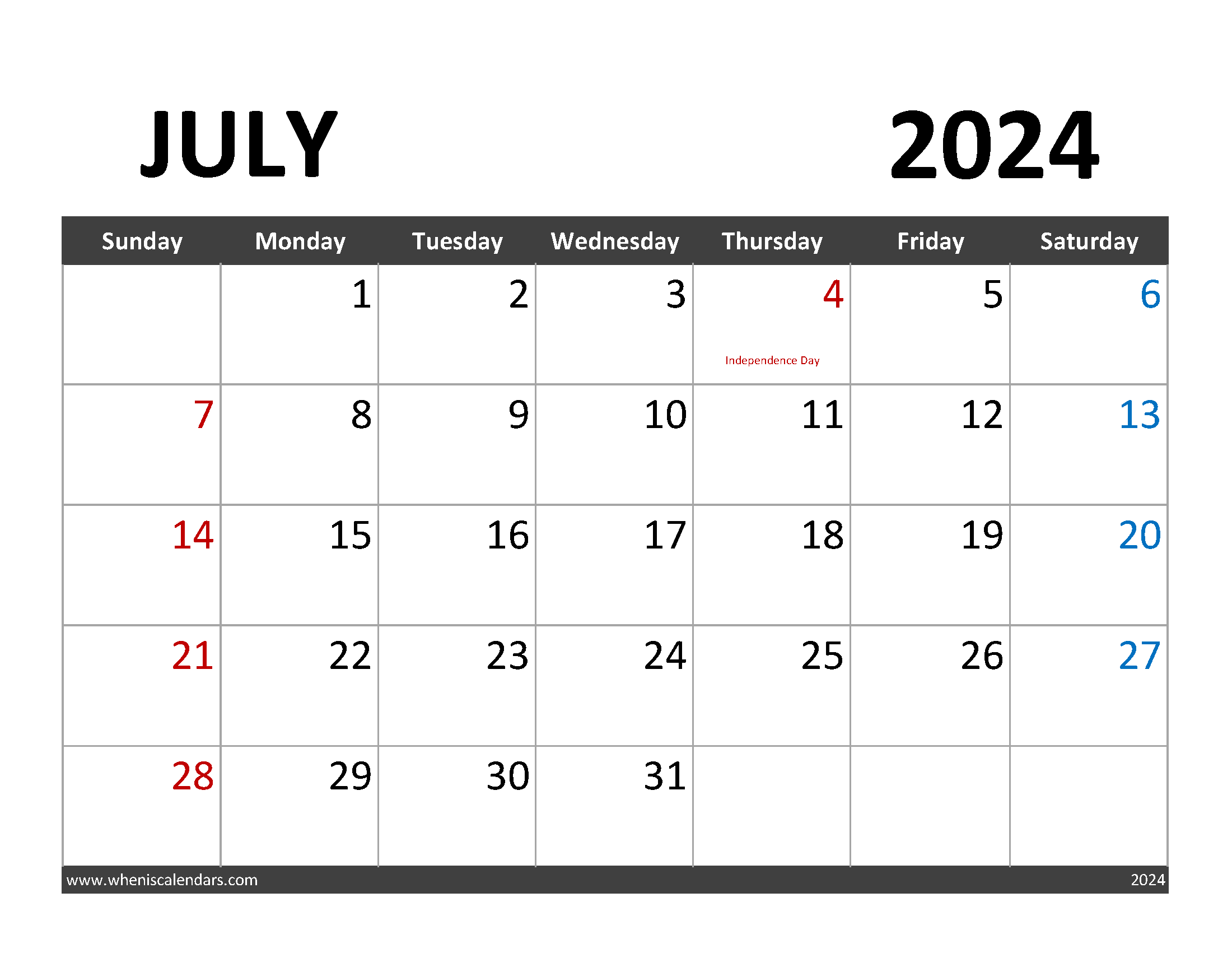 Free July Calendar 2024 J7061