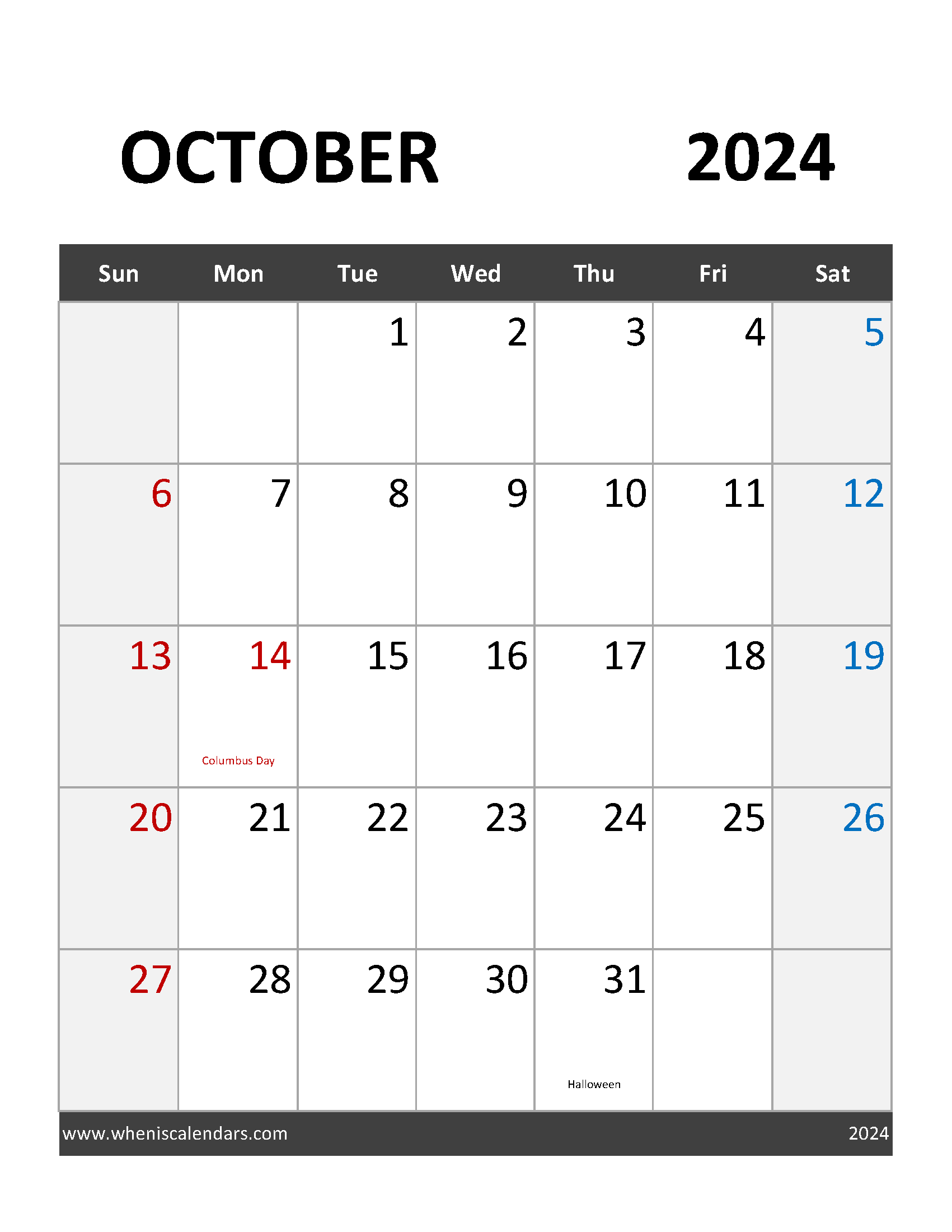 Download October Calendar 2024 Holidays Letter Vertical 104094