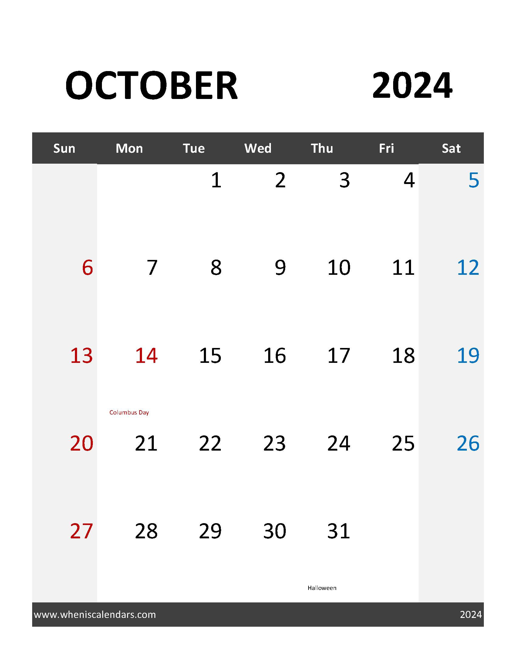 Download Blank 2024 October Calendar Letter Vertical 104095