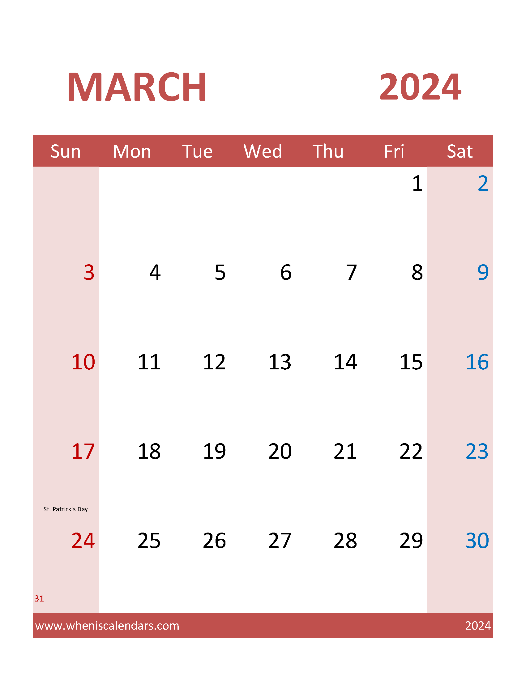 March 2024 Calendar Word Template M3105