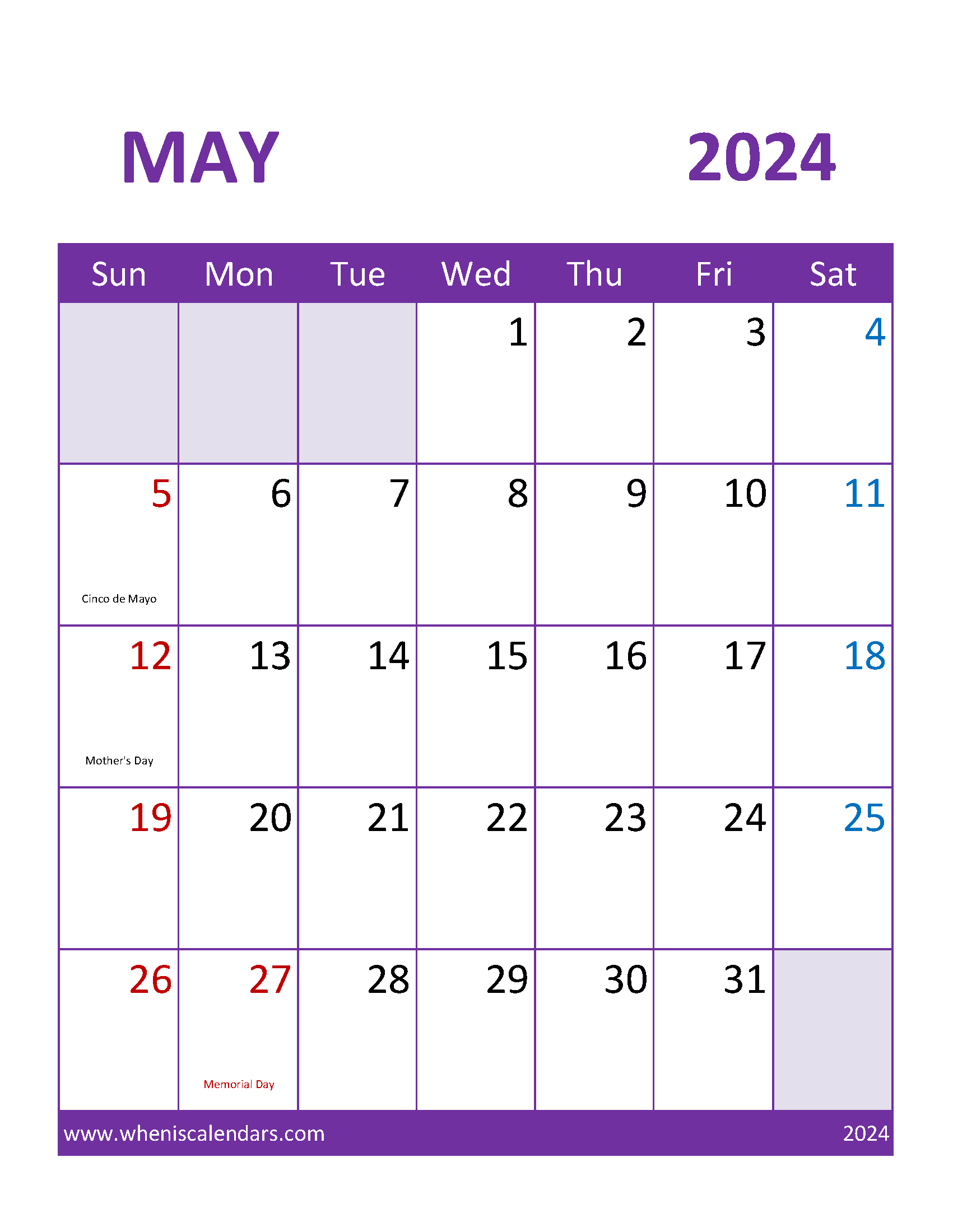 Free May 2024 Calendar Template M5113