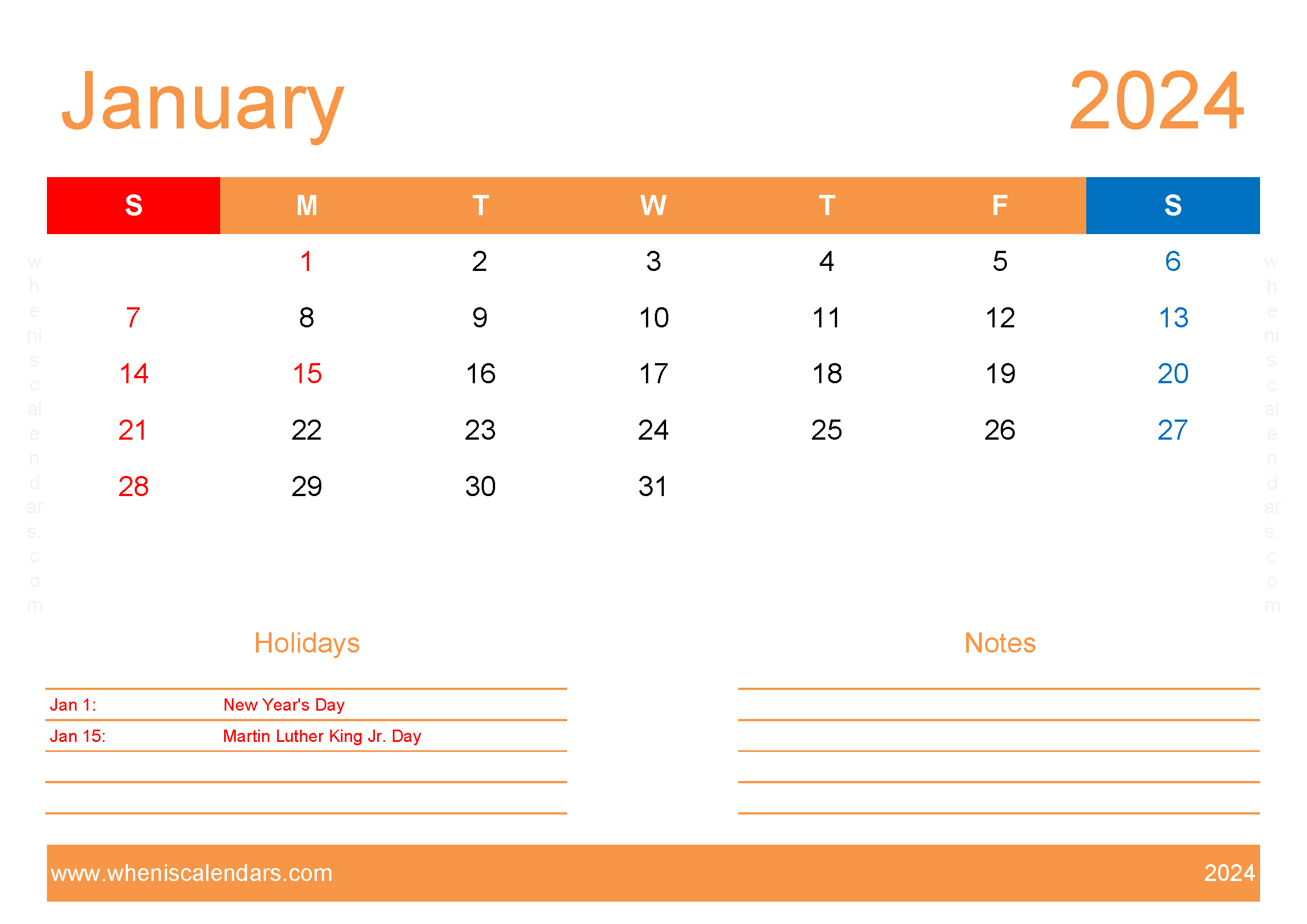 Download 2024 Printable Calendar January A4 Horizontal J4135