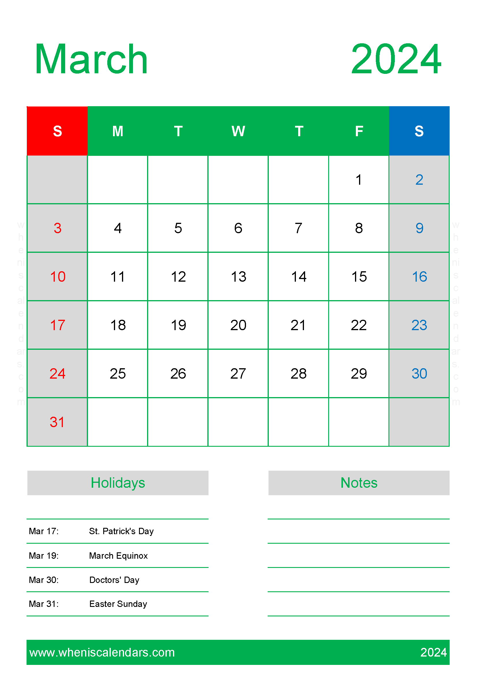 Free Calendar Template March 2024 M3150