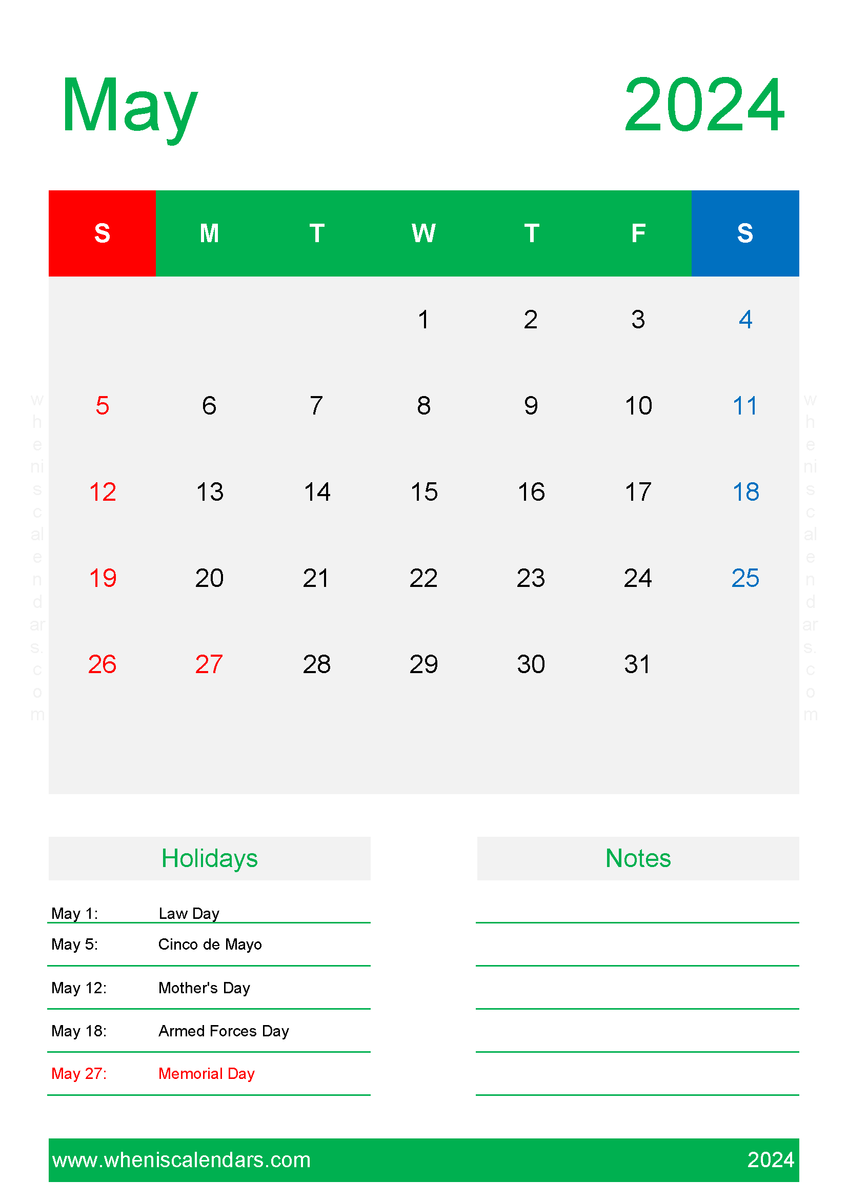 May Calendar 2024 Excel M5152
