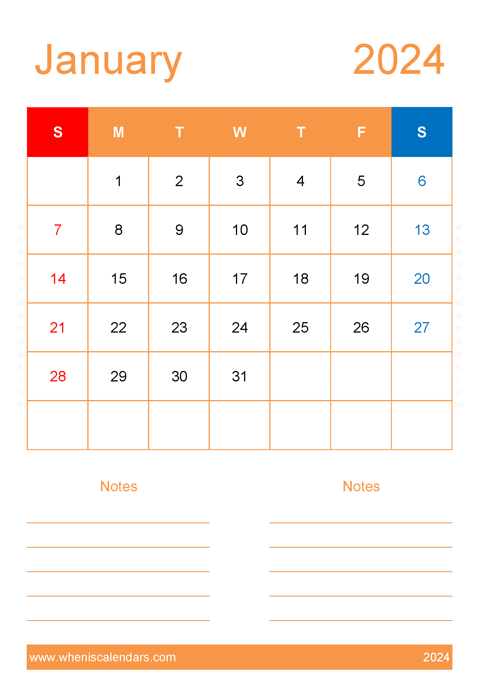 Download 2024 January Calendar Excel A4 Vertical J4233