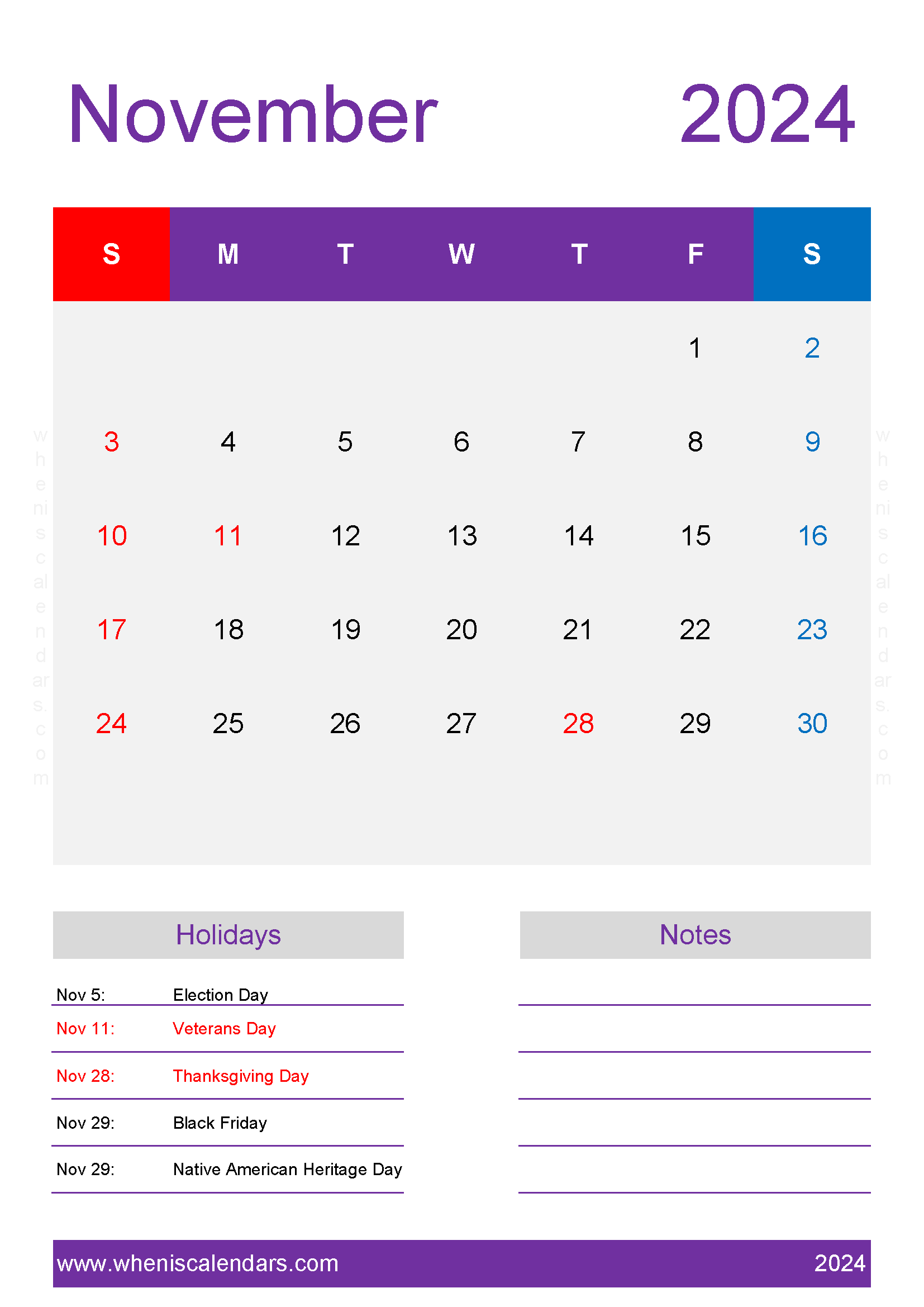 Download Monthly Calendar Template November 2024 A4 Vertical 114160