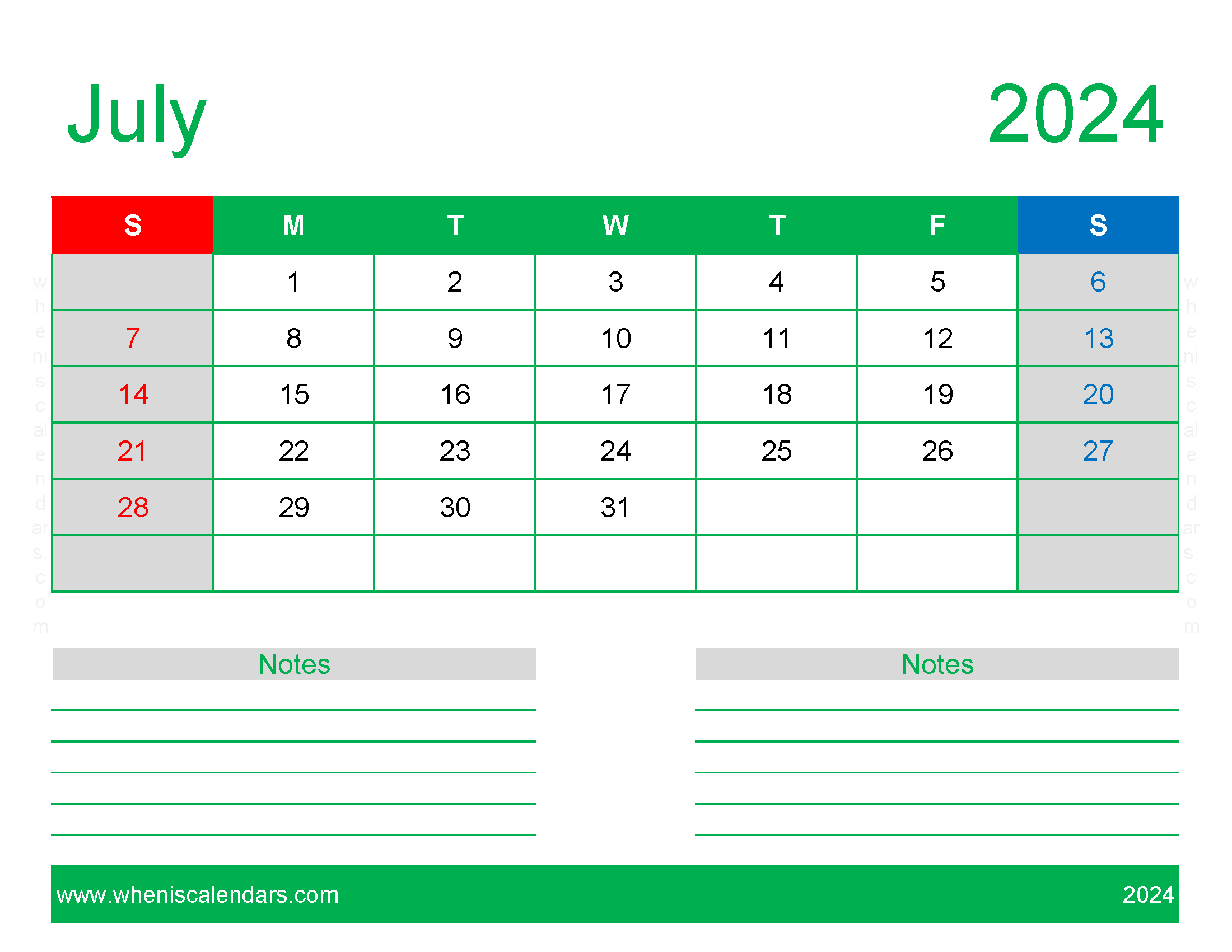 Print Free Calendar July 2024 J7250
