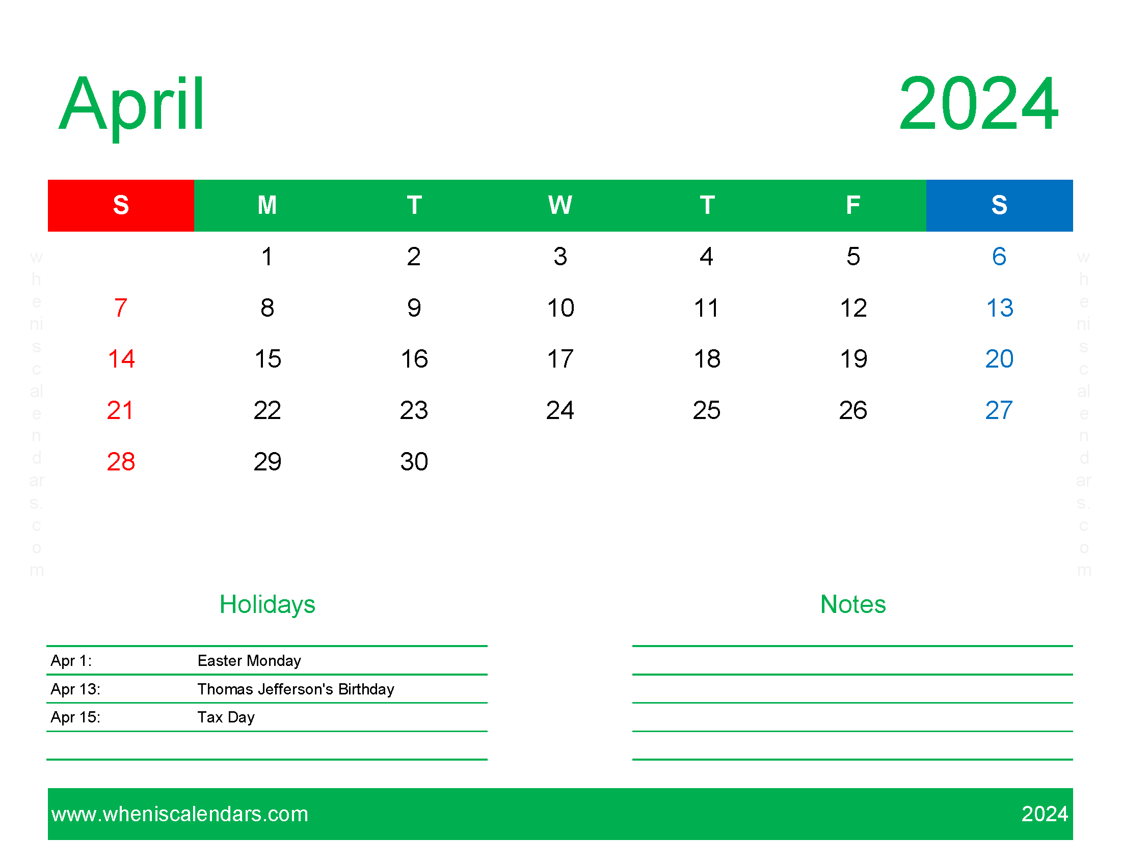 Free Printable April 2024 Calendar PDF A4171