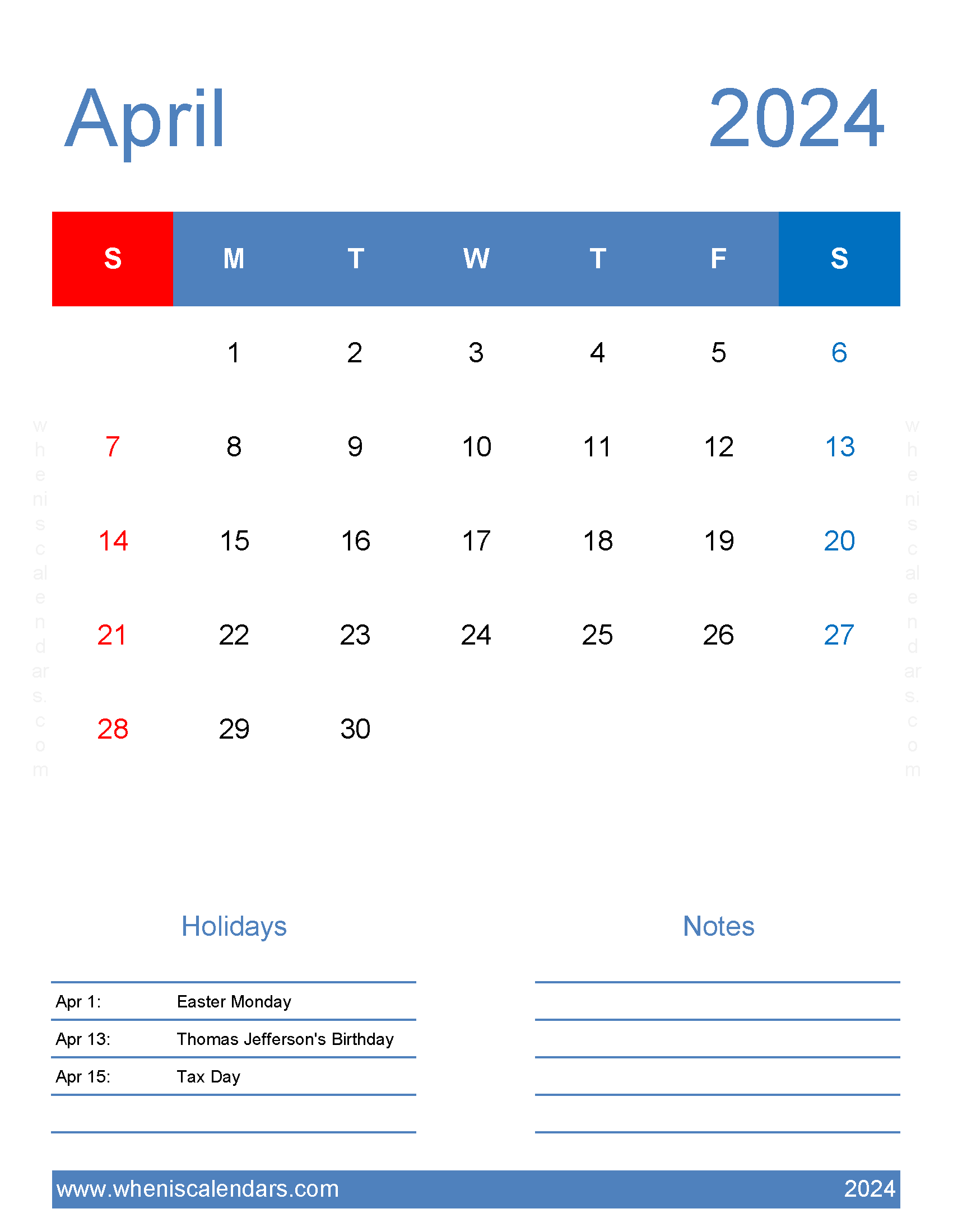 Editable April Calendar 2024 A4187