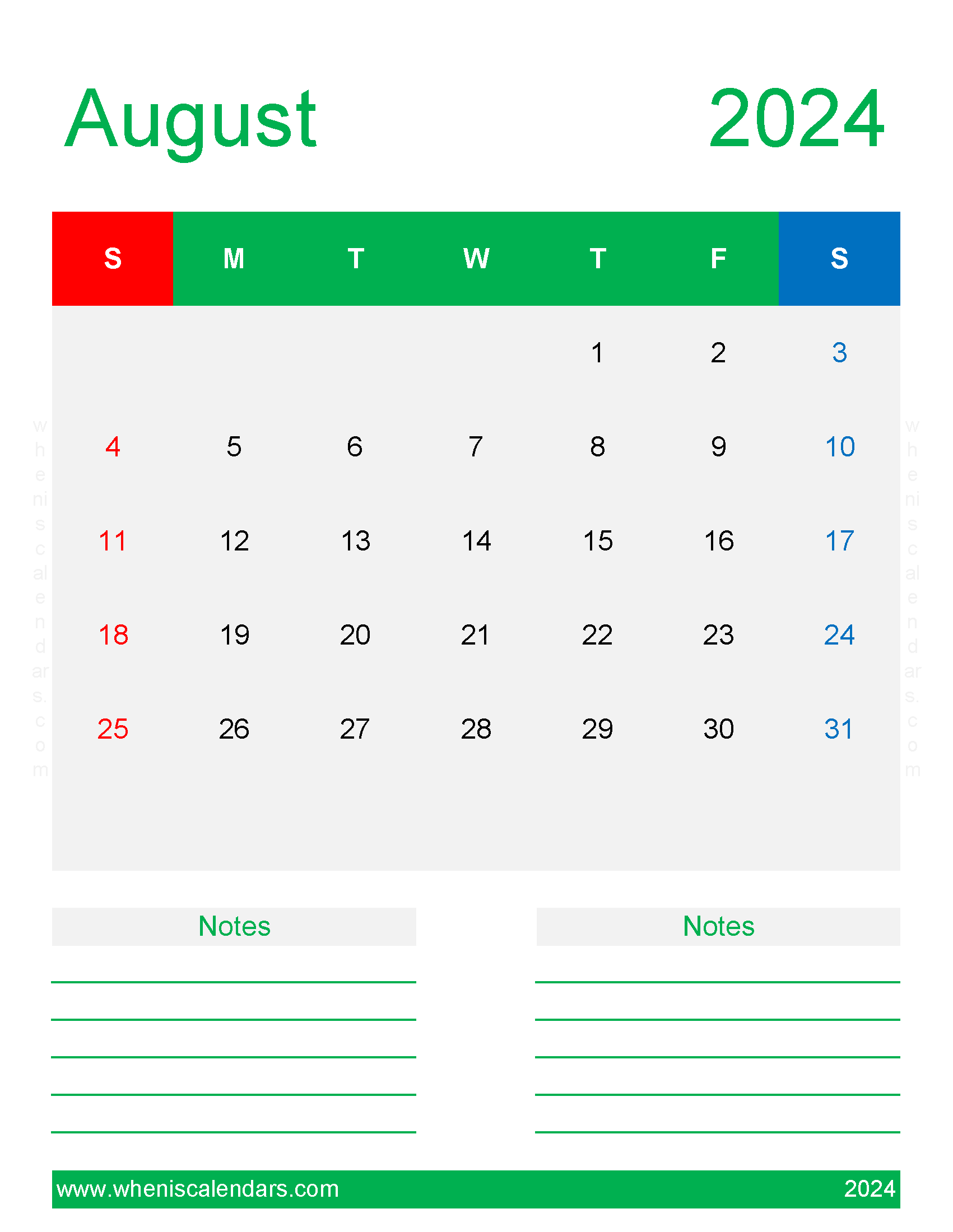 Download August 2024 Blank Calendar Page Letter Vertical 84272