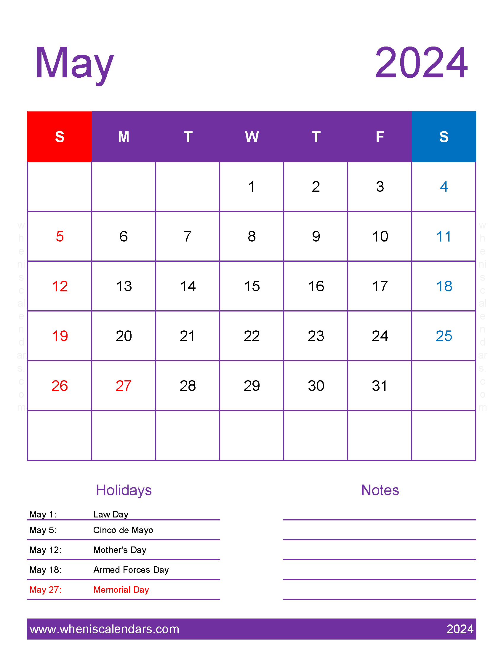 May 2024 Calendar With Government Holidays M5197