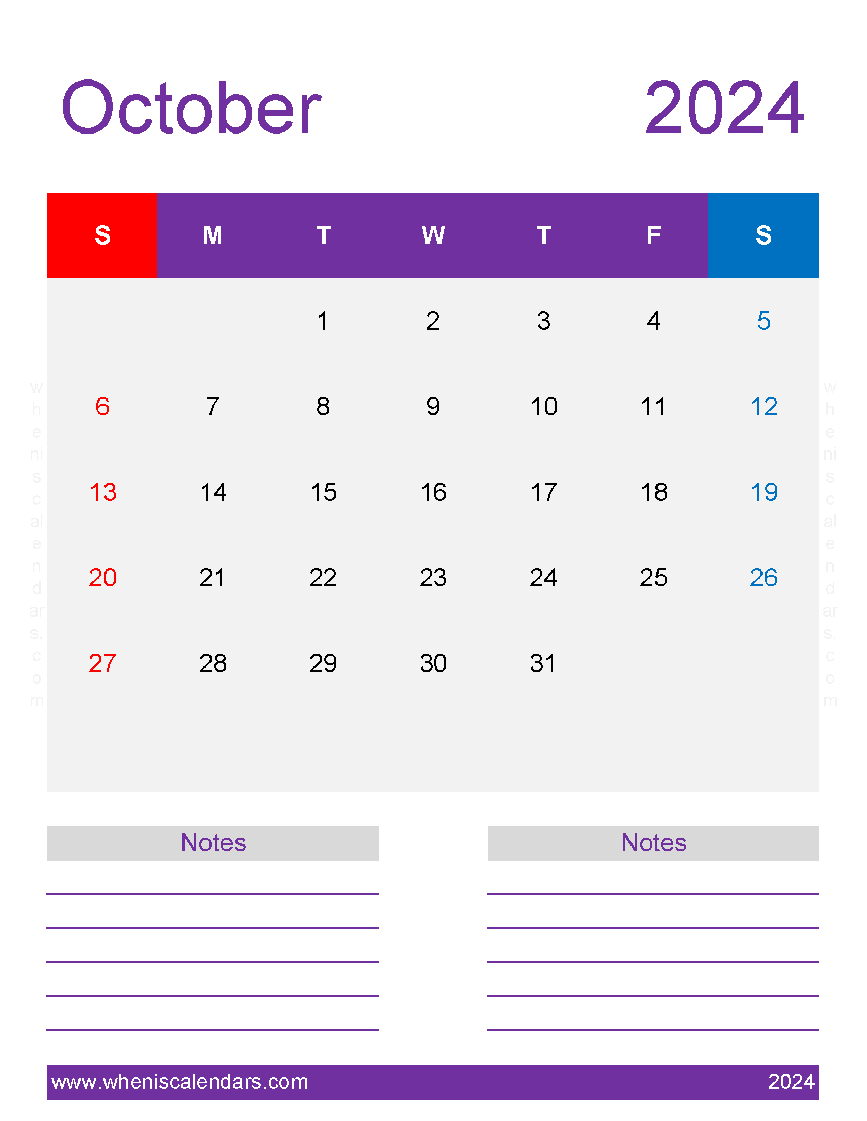 Download Printable Calendar Page October 2024 Letter Vertical 104280