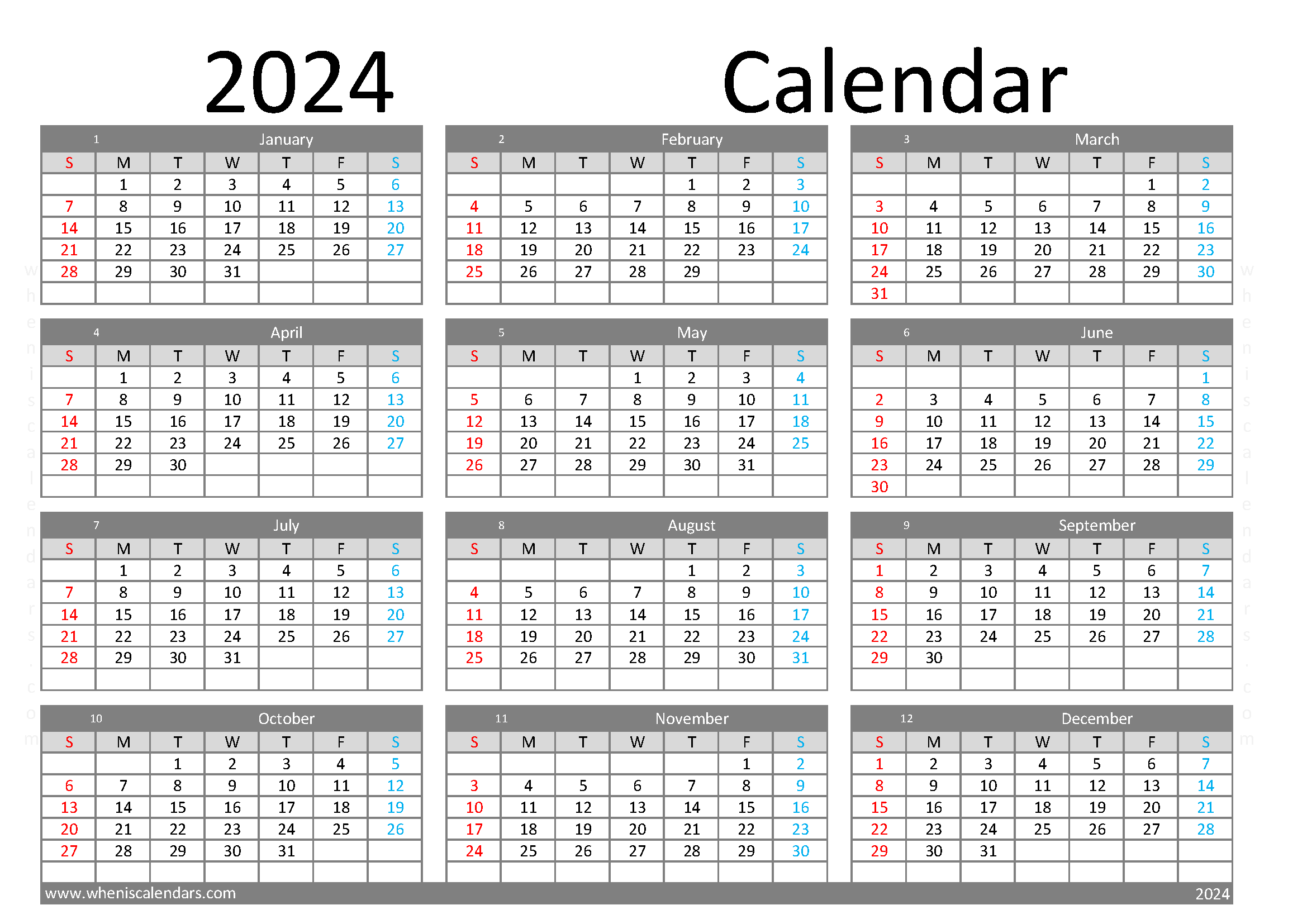 Download Monthly Printable Calendar 2024 A4 Horizontal (24Y089)