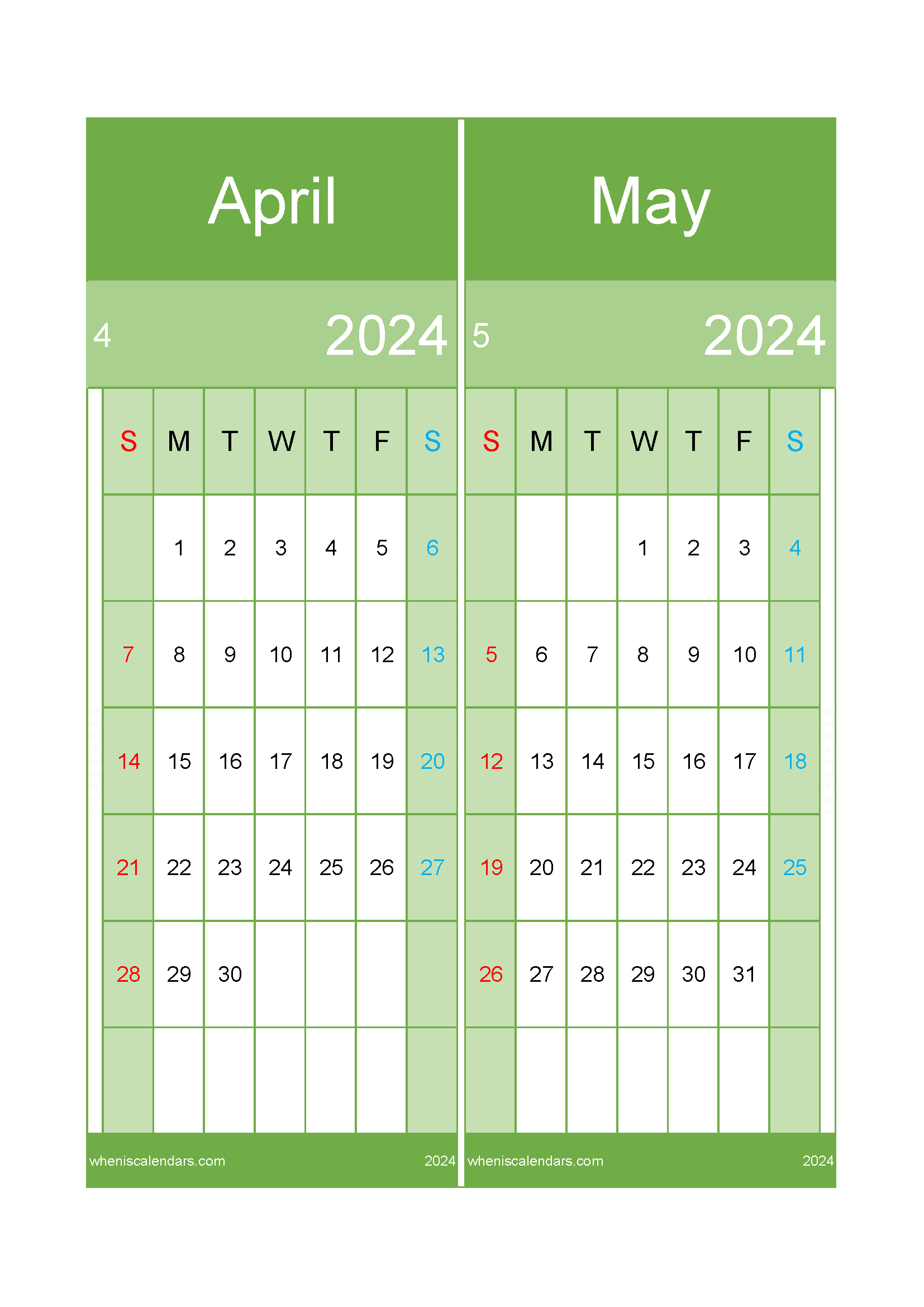 May And April Calendar 2024 A4 AM027