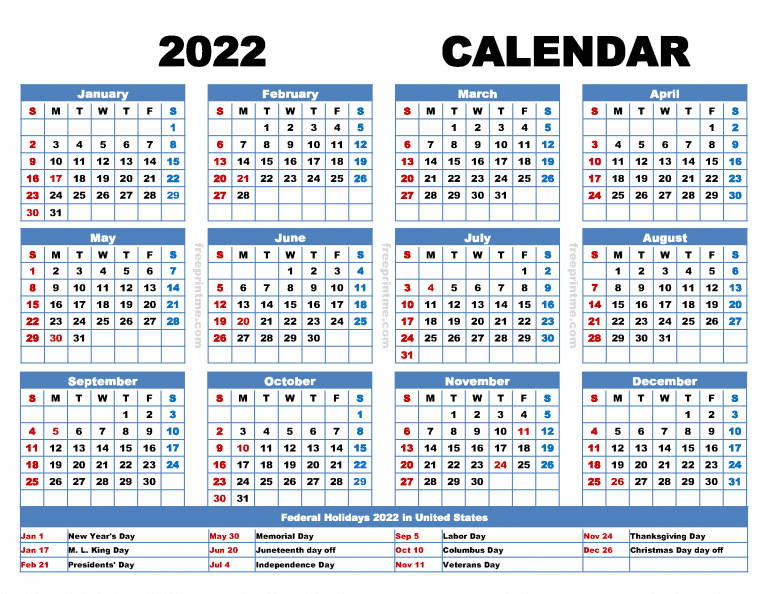 Free Printable 2022 Calendar With Holidays PDF, PNG