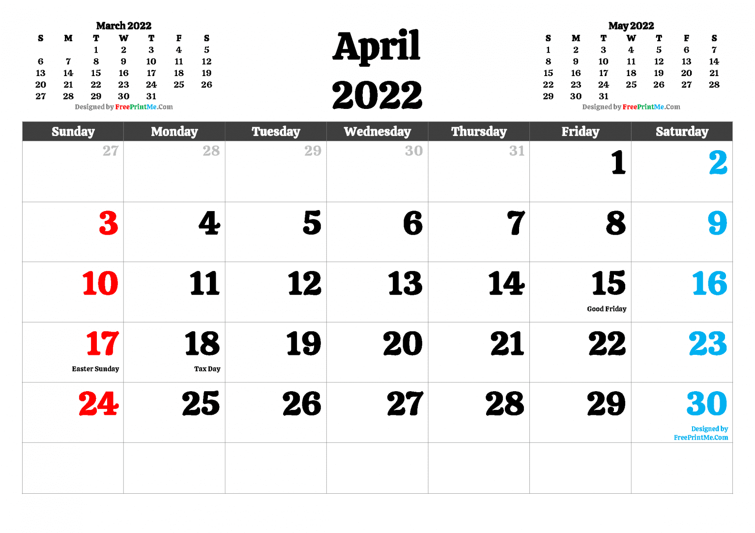 blank calendar april 2022