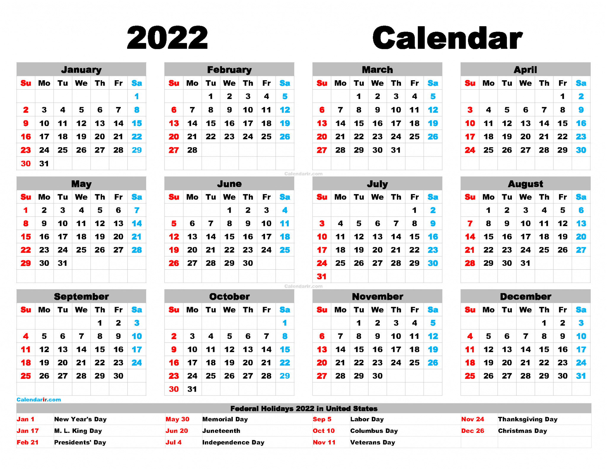  Free Printable 2022 Calendar With Holidays PDF PNG