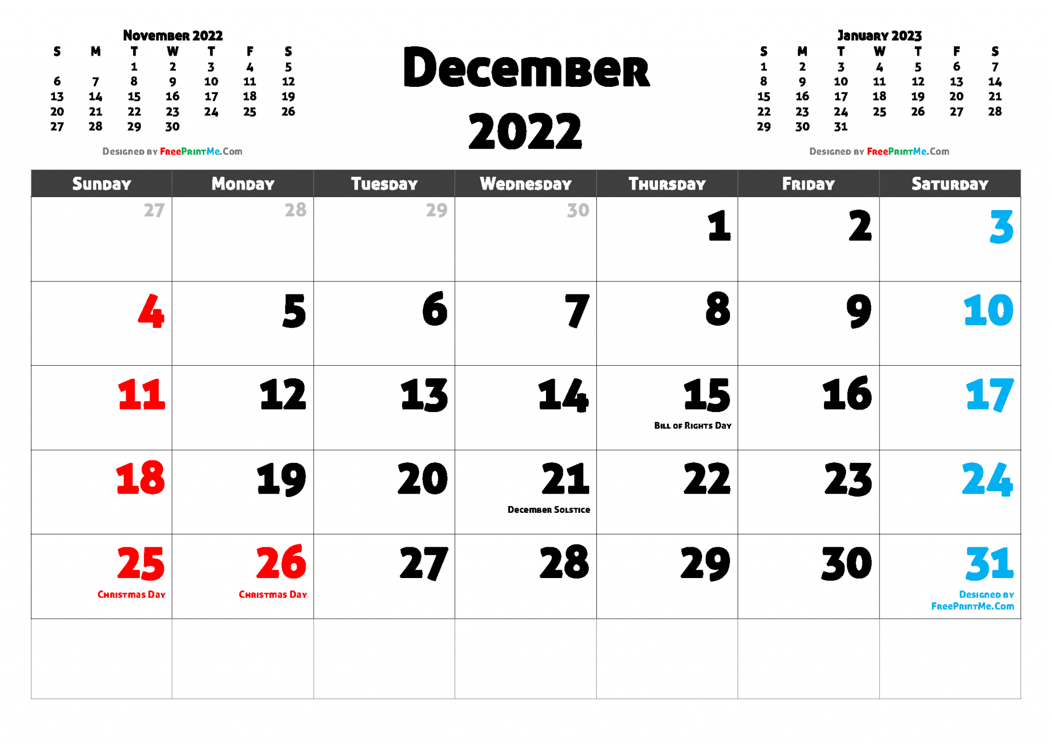 Free Printable December 2022 Calendar PDF, PNG Image