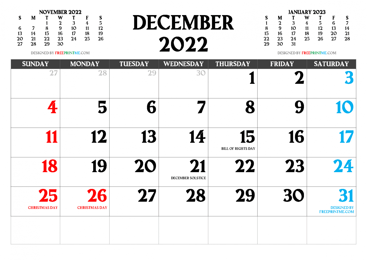 Free Printable December 2022 Calendar