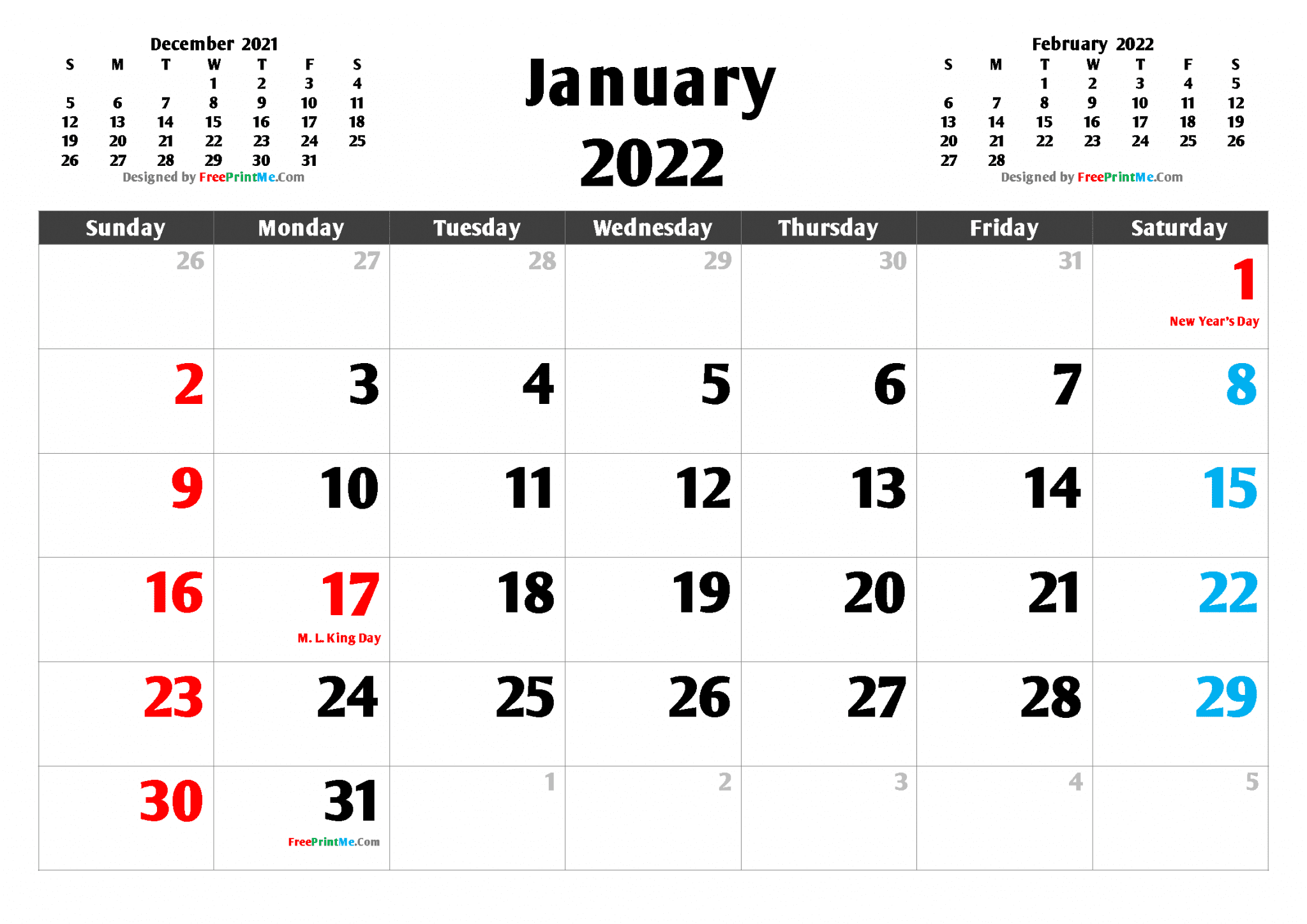 Free Printable January 2022 Calendar PDF And Image