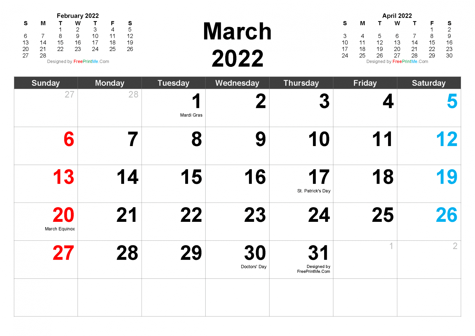 free printable march 2022 calendar pdf and image