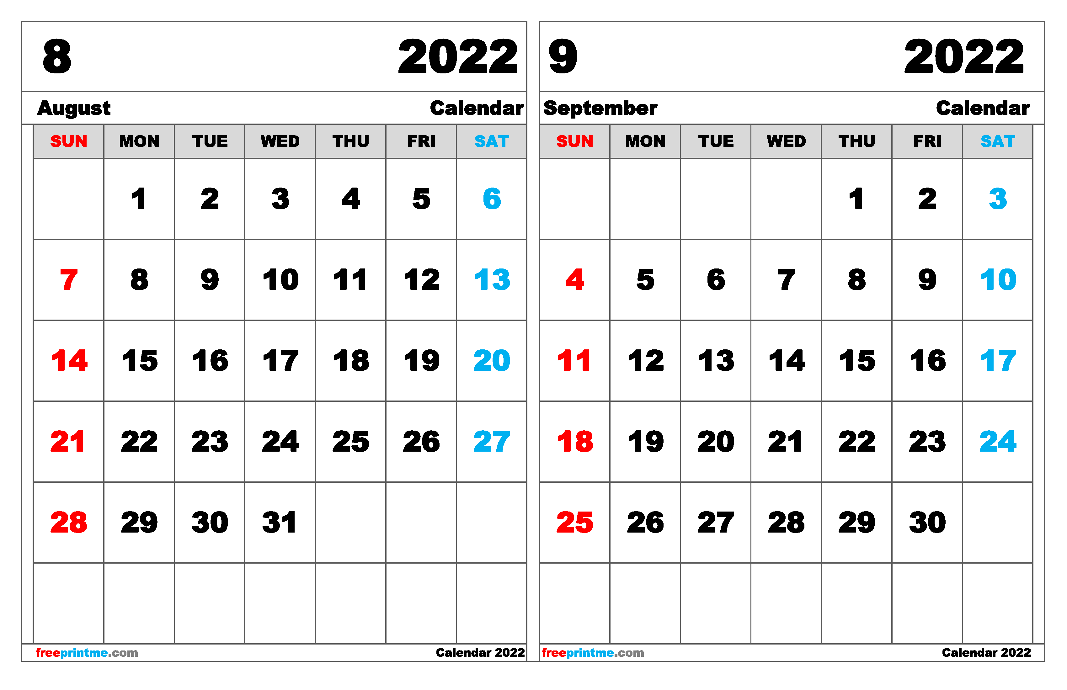 Free August September 2022 Calendar Printable Variety Of Sizes