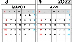 Free Printable March and April 2022 Calendar A5 Wide