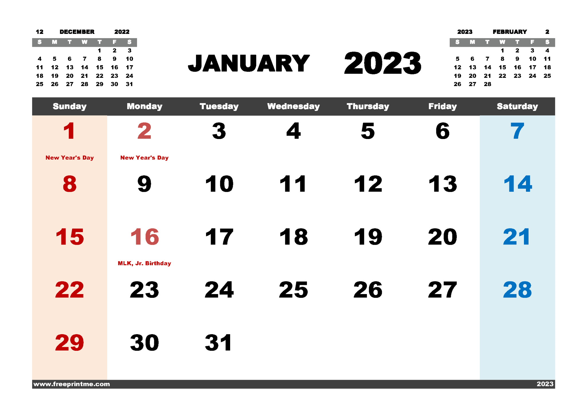 Free Printable January 2023 Calendar With Holidays PDF In Variety 
