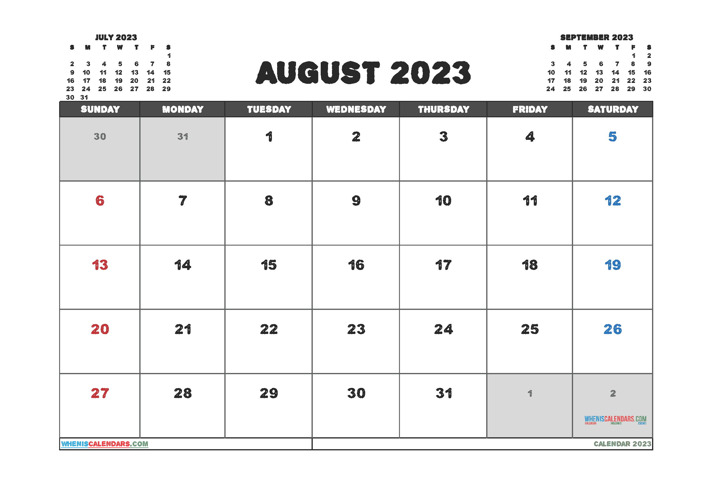 Free August 2023 Calendar Printable