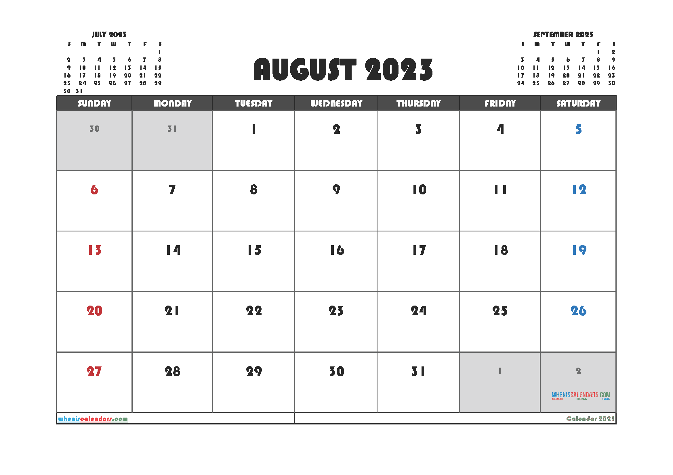 Free August 2023 Calendar with Holidays