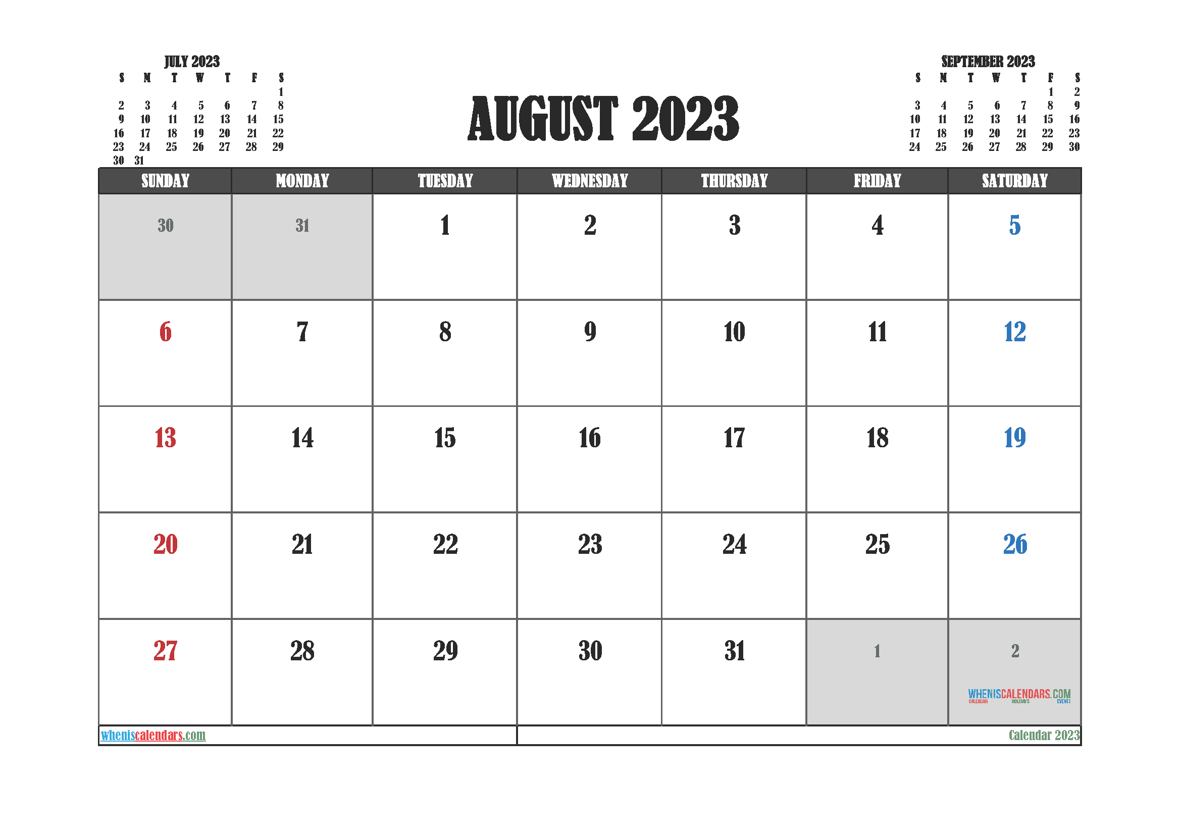 Free August 2023 Calendar Printable