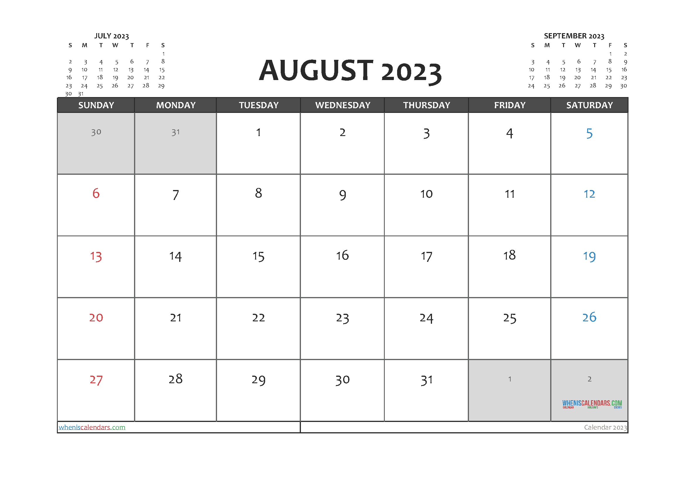 Free August Calendar 2023 Printable