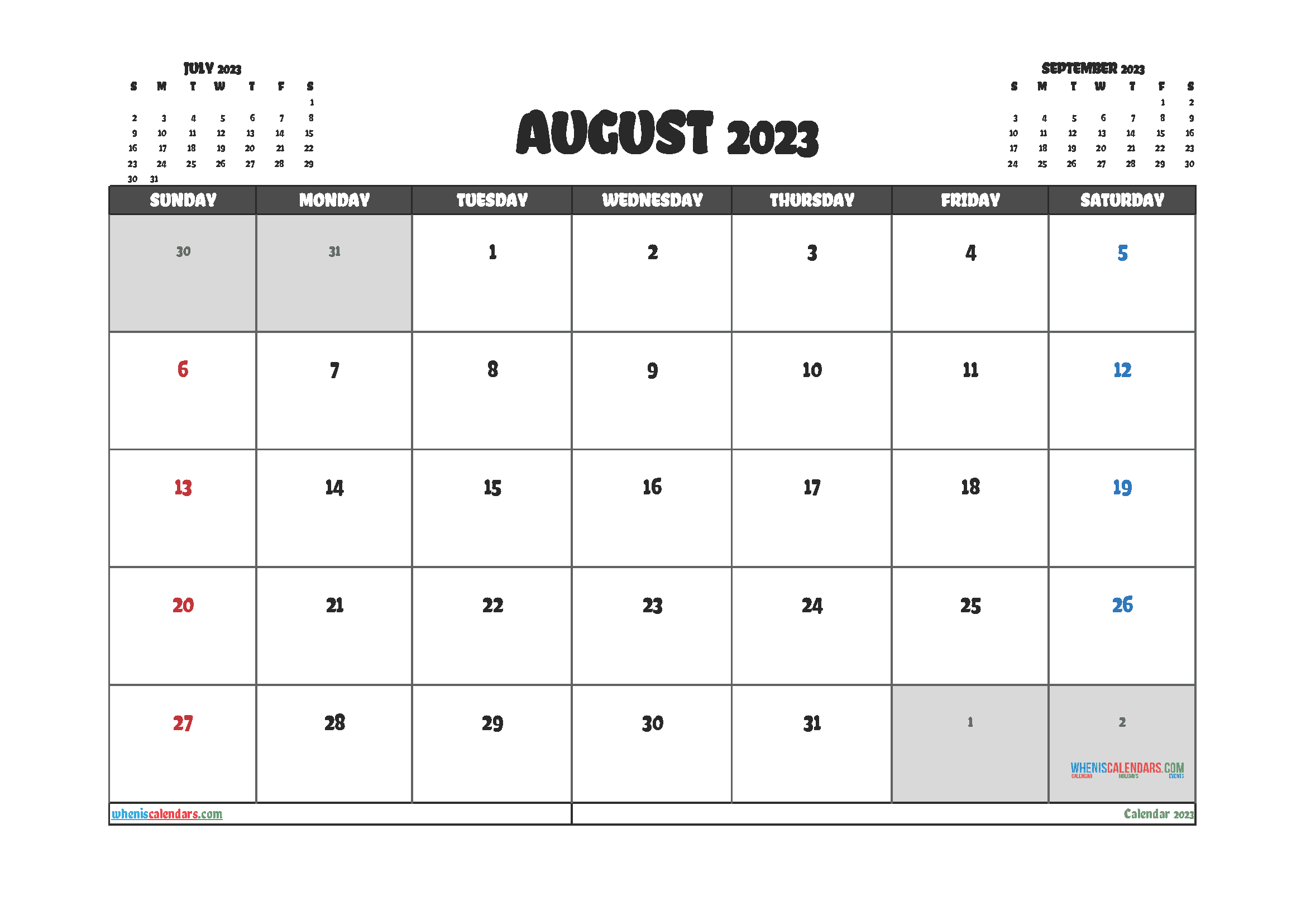 August 2023 Calendar with Holidays Free