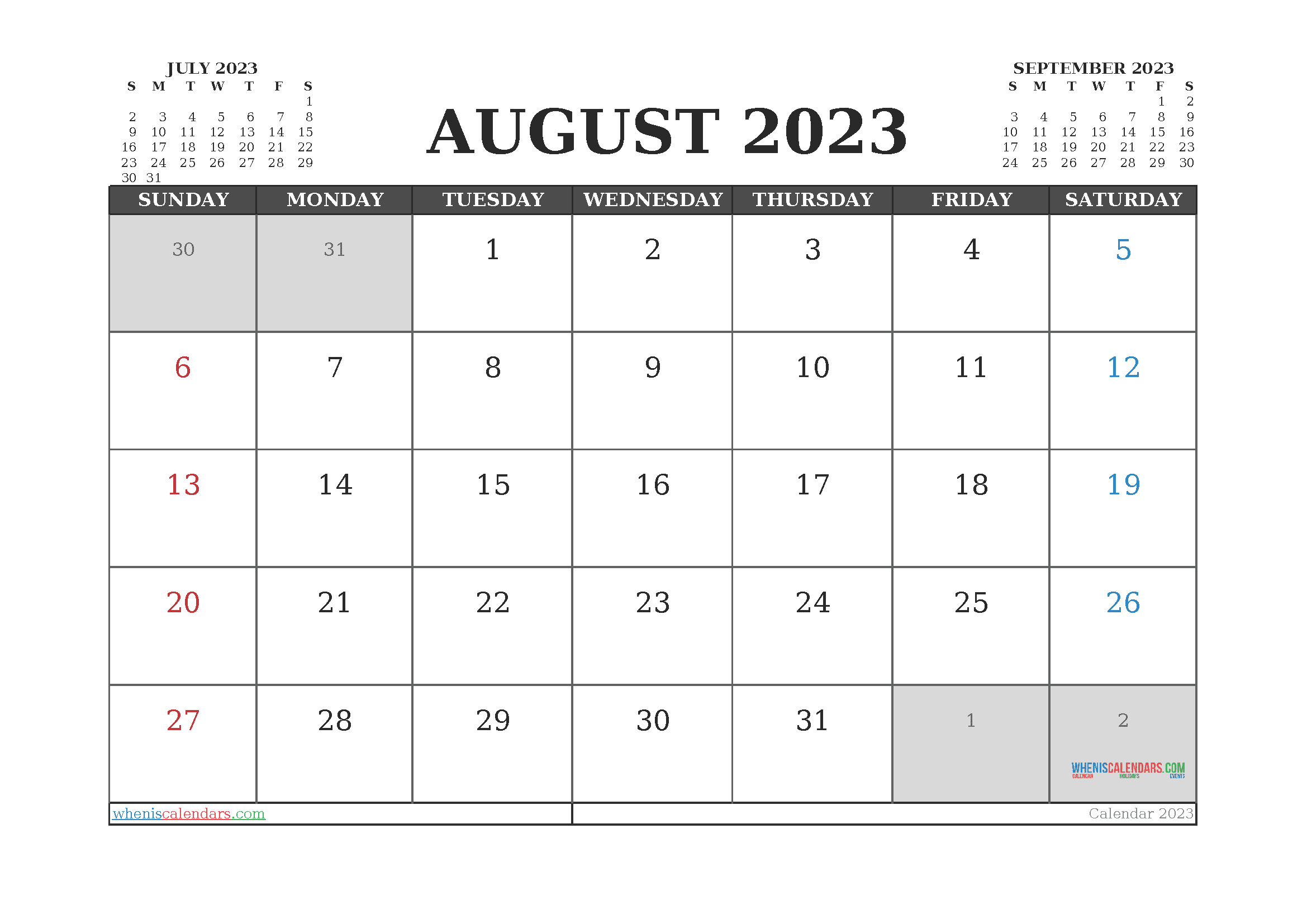 Free 2023 Calendar August Printable