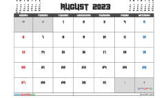 August 2023 Calendar with Holidays Printable