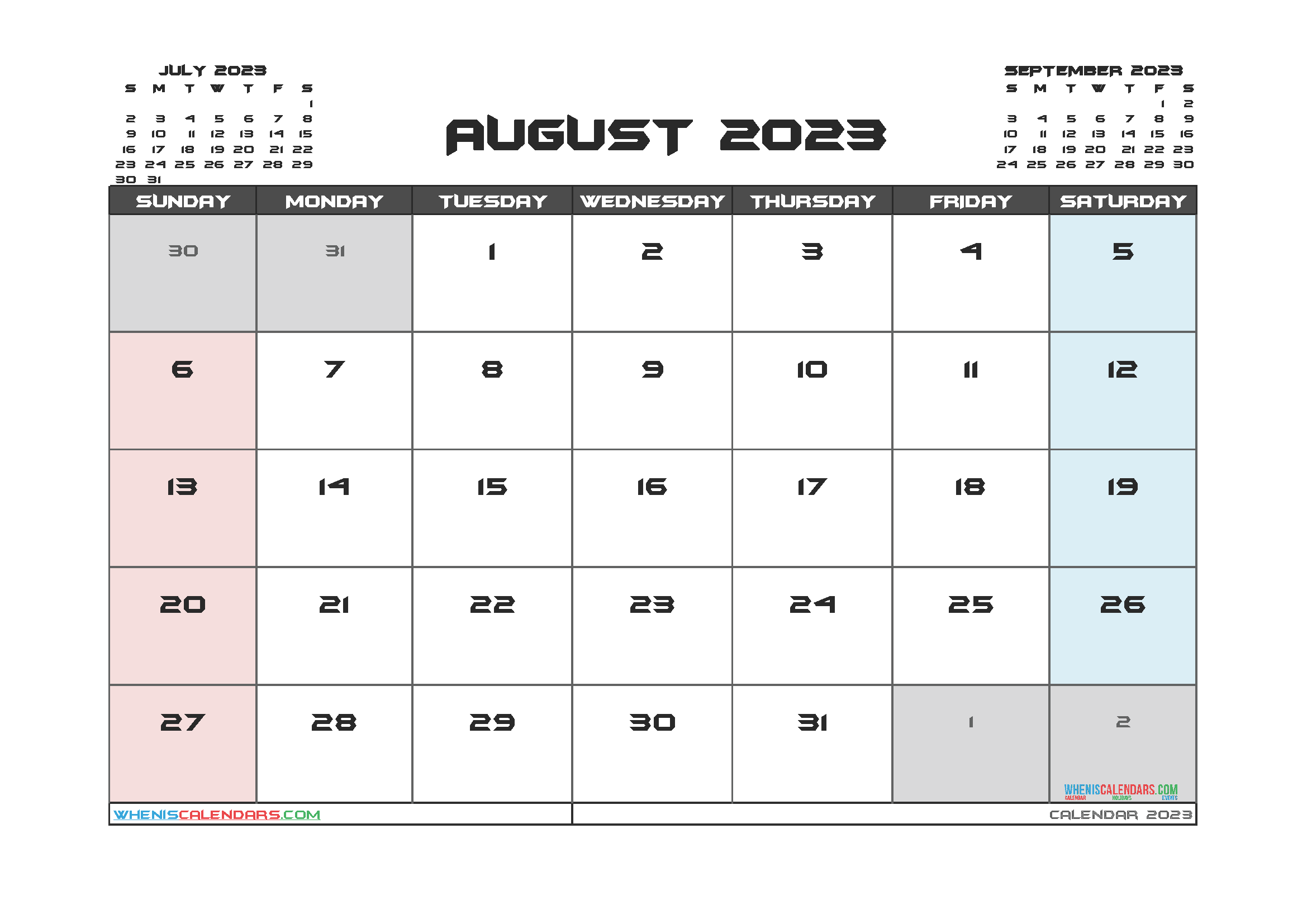 August 2023 Calendar with Holidays Printable