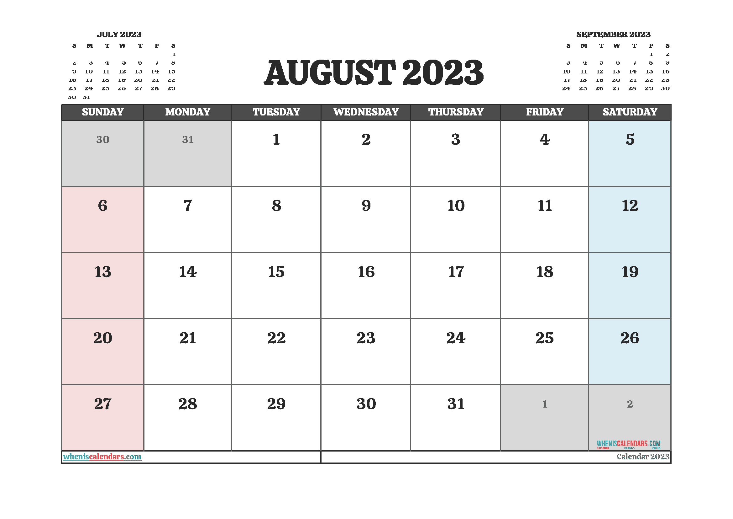 Free August Calendar 2023 Printable