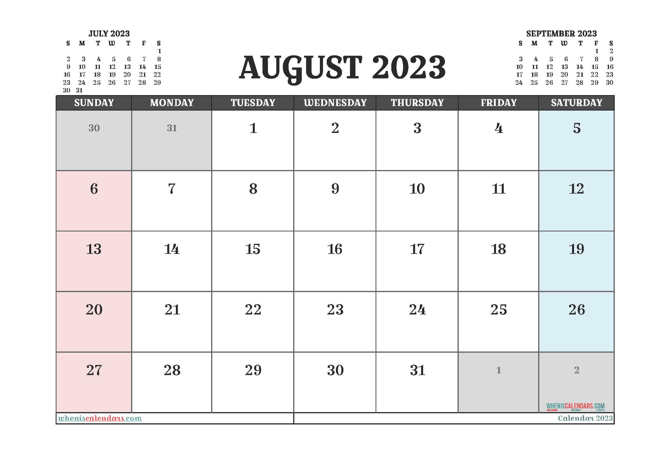 August 2023 Calendar Free Printable