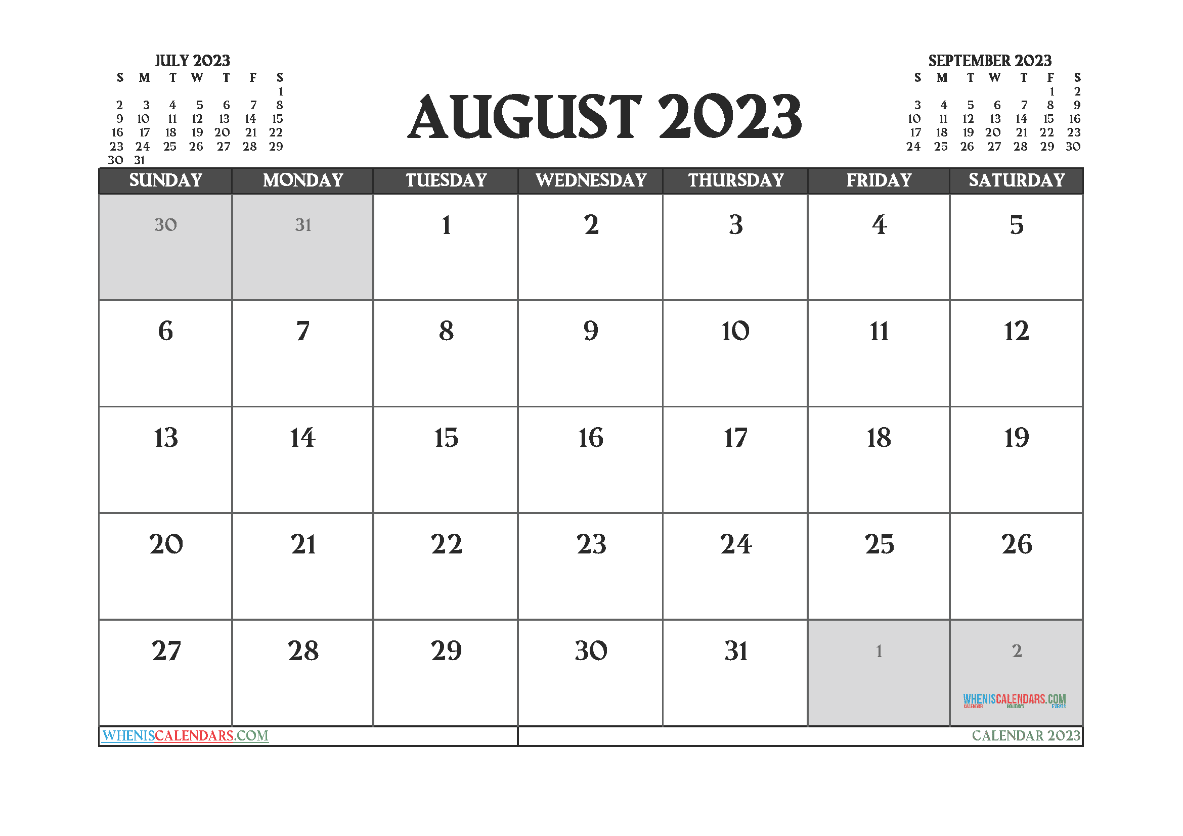 August 2023 Printable Calendar Free