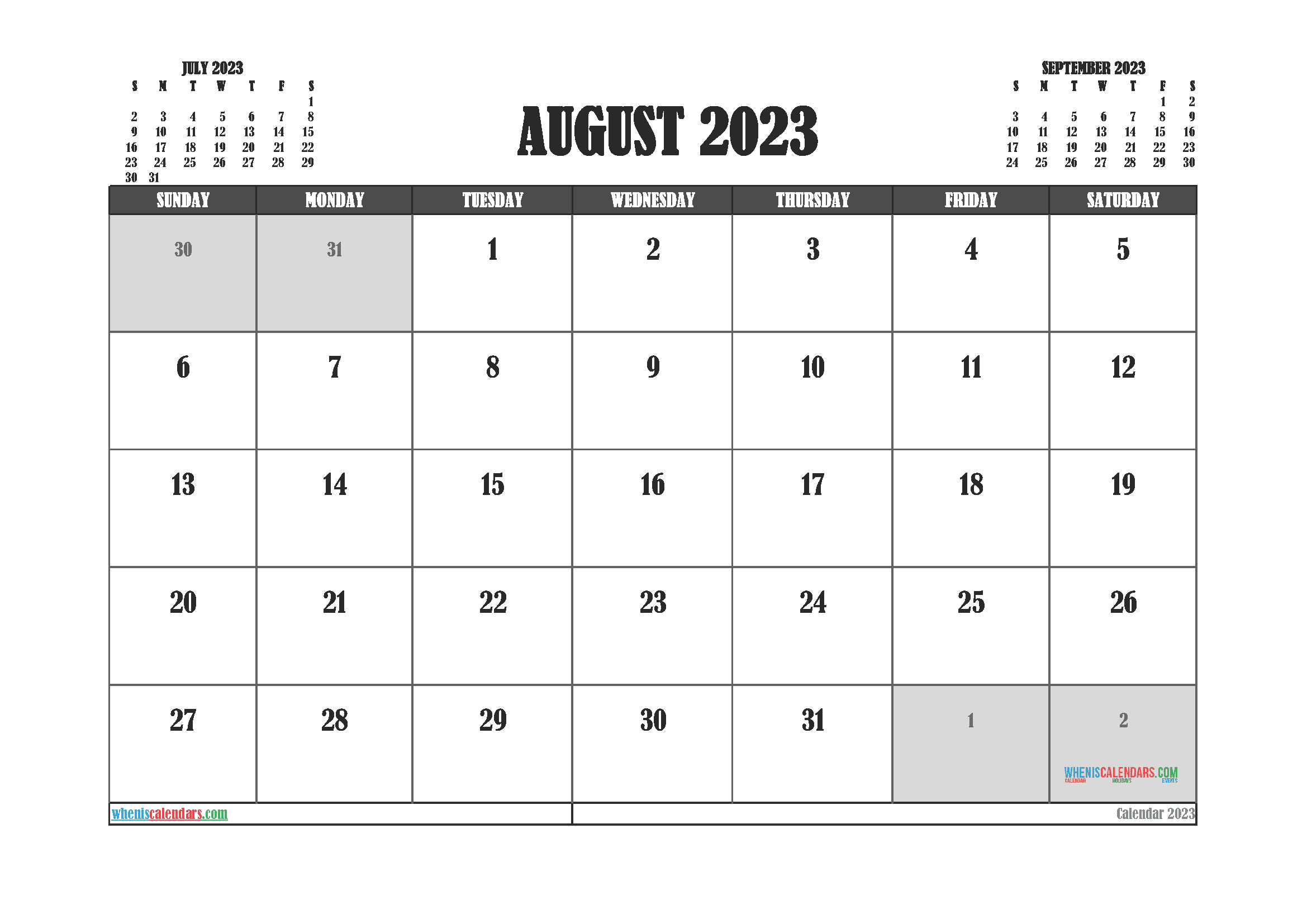 Free Calendar August 2023 Printable