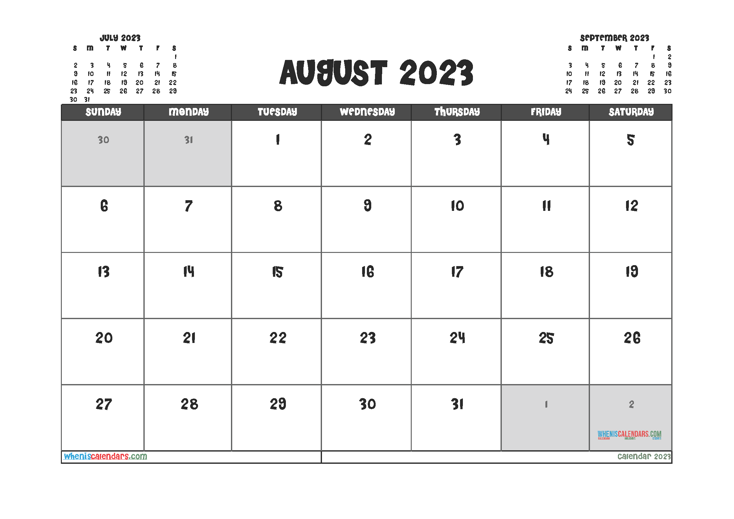 Free Printable August 2023 Calendar