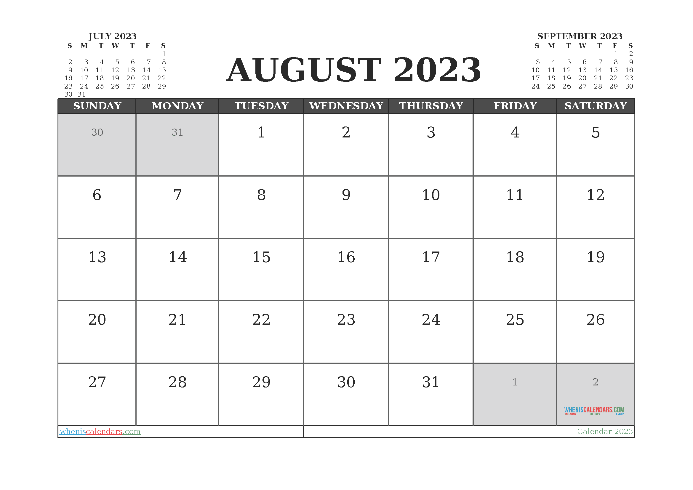 August 2023 Calendar with Holidays Free