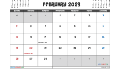 February 2023 Calendar with Holidays Printable