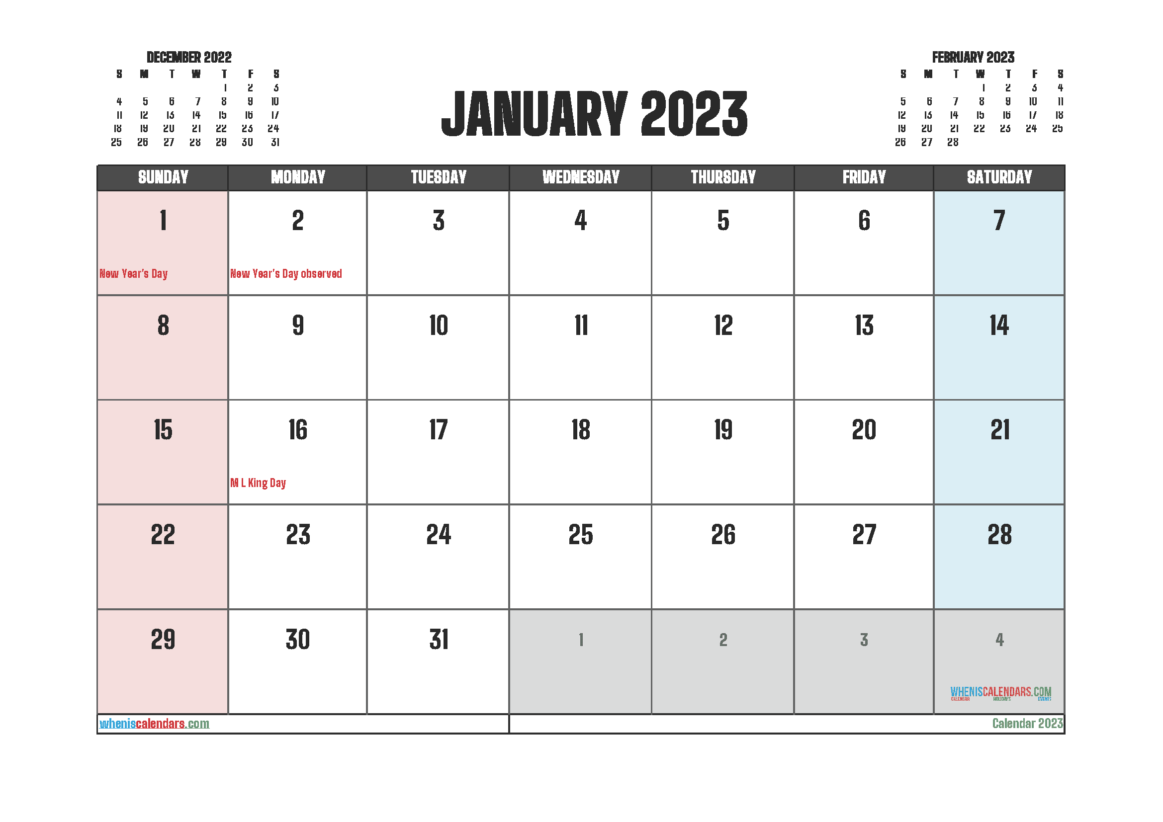 Free Calendar January 2023 Printable