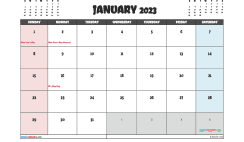 January 2023 Calendar with Holidays Printable