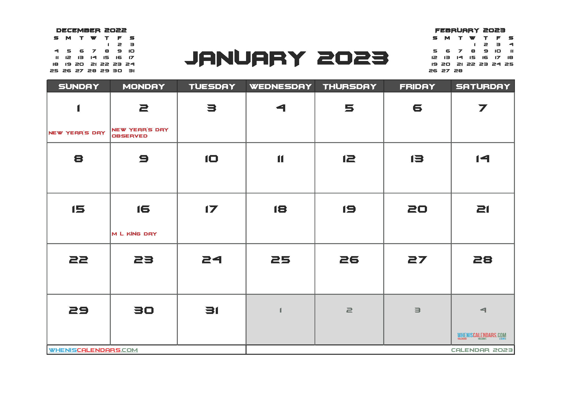 Free January 2023 Calendar with Holidays